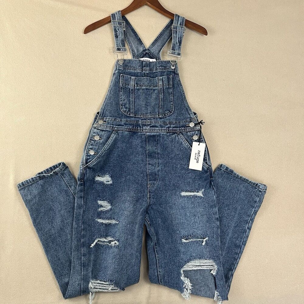Refuge Overall Bibs Womens‎ Size Small Ripped Distressed Denim Jeans Overalls
